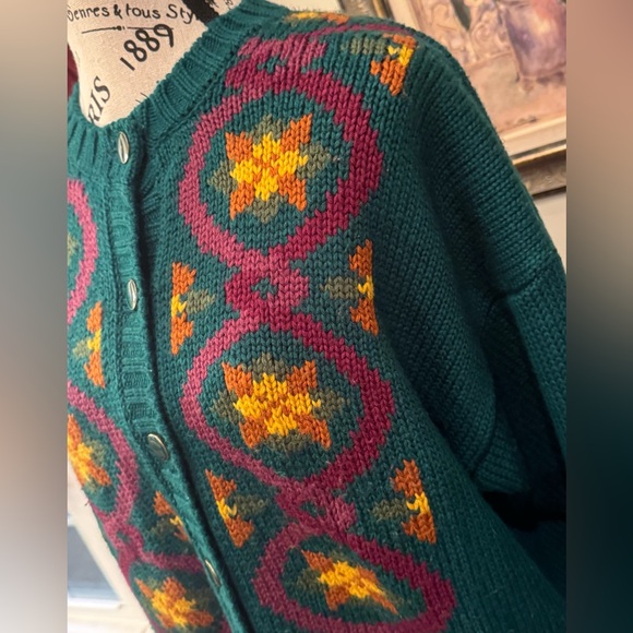 Dark Green Vintage Russ Art Deco Cardigan Sweater Women’s Large Floral Wool - Picture 3 of 7